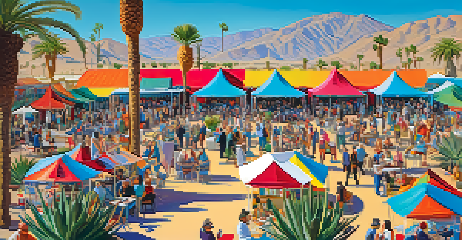 A vibrant literary festival in Palm Springs with authors and attendees surrounded by books and desert plants.