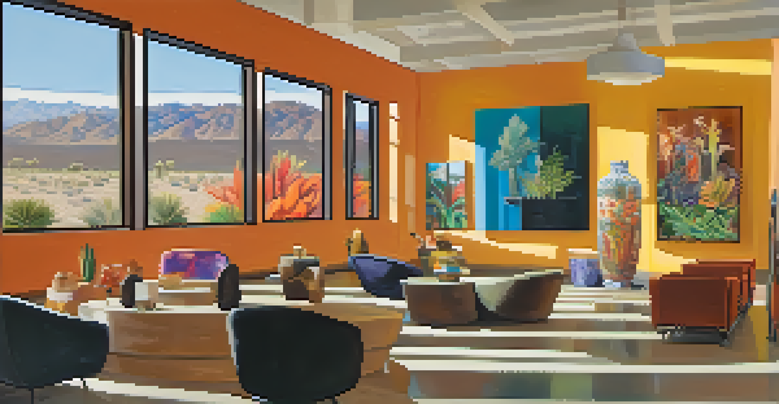 An interior view of the Coachella Valley Art Center, showcasing colorful paintings and artists participating in workshops.
