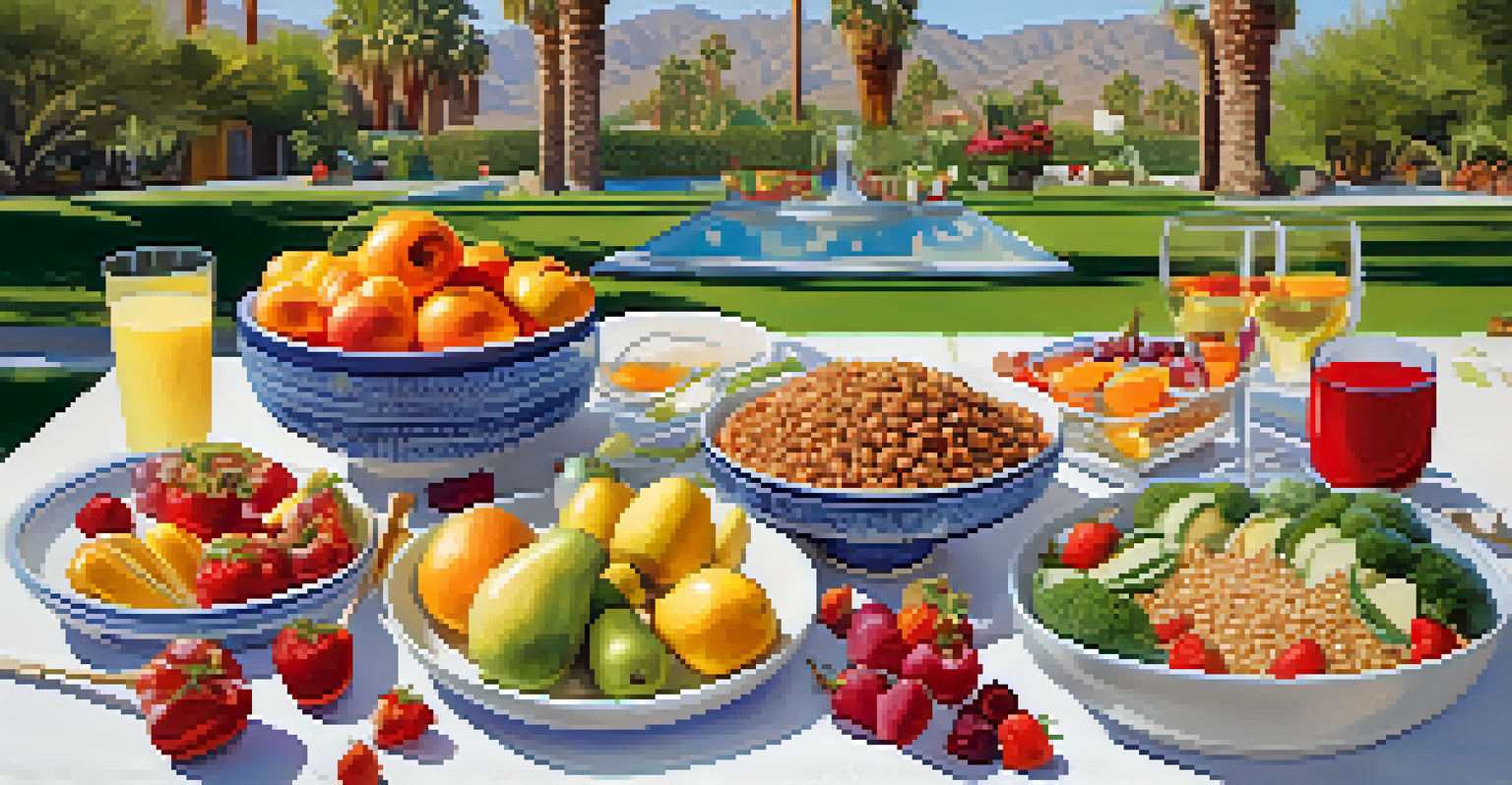 A table set with colorful, healthy dishes of fruits, vegetables, and whole grains in a serene garden setting in Palm Springs.