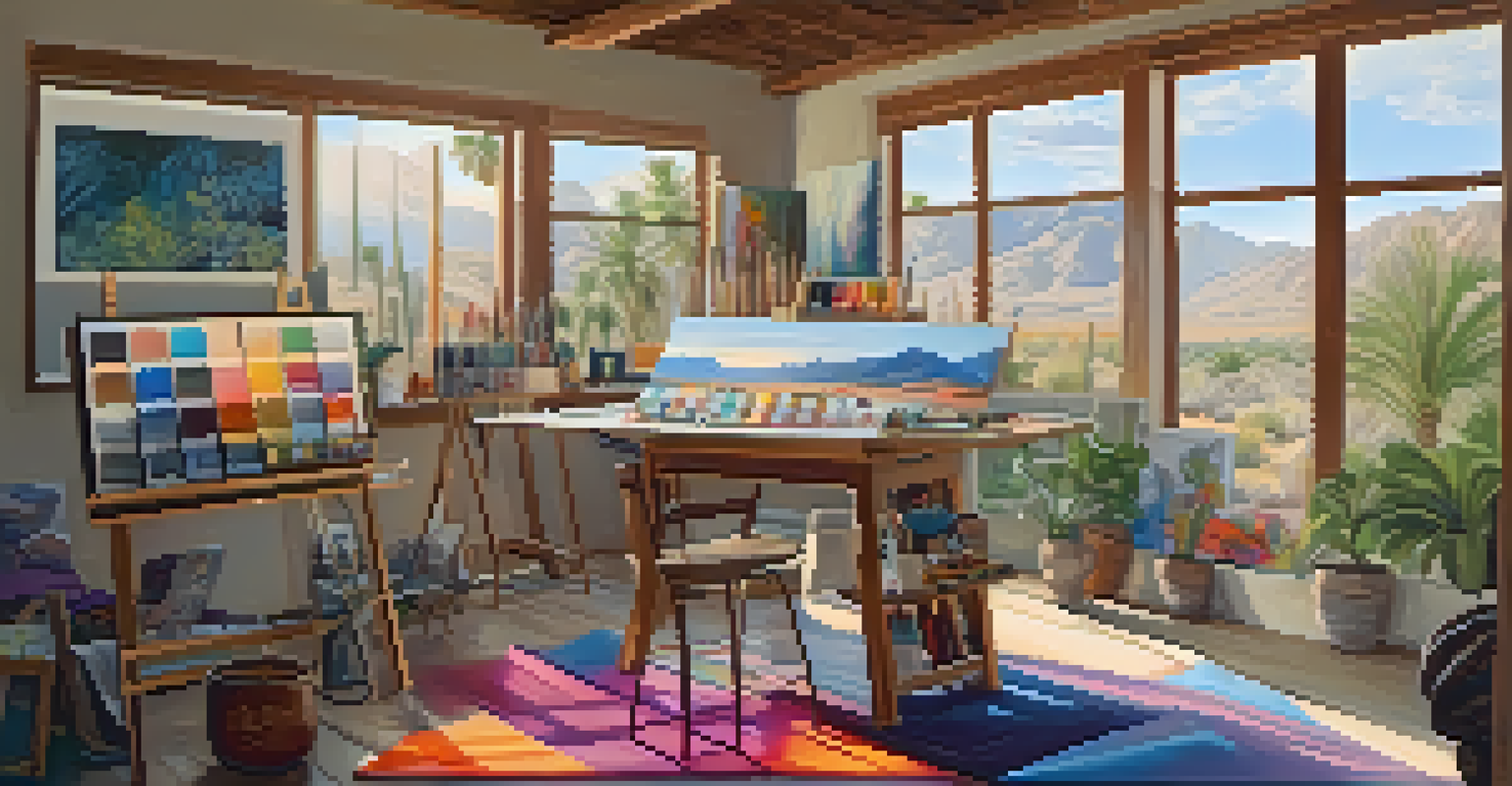 An inviting art studio in Palm Springs, filled with art supplies and natural light, with an artist painting on a canvas.