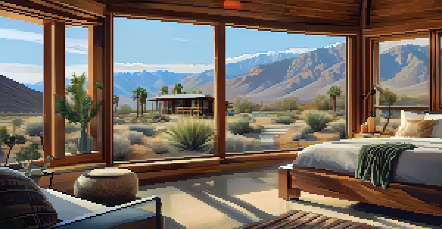 A comforting retreat cabin in the desert with mountain views and a warm interior.