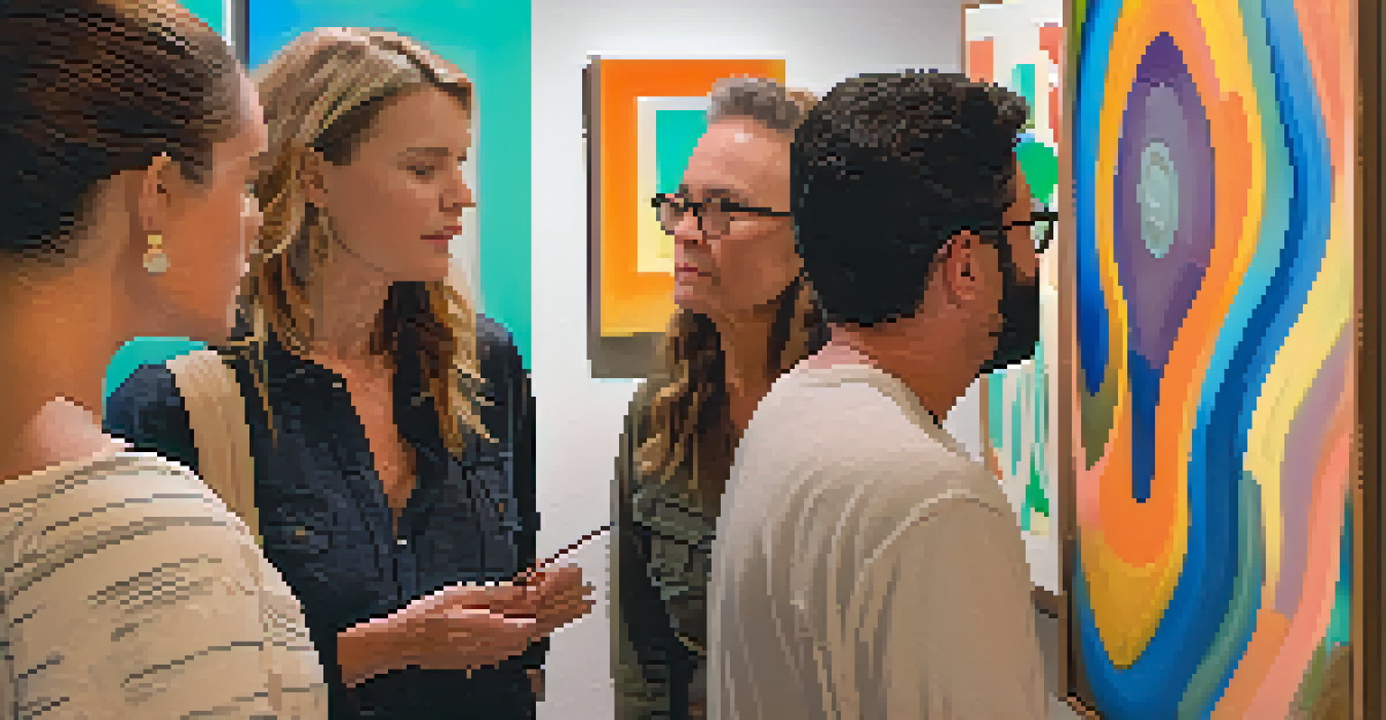 An artist engaging with visitors at the Palm Springs Art Walk, surrounded by vibrant artworks and a warm, inviting atmosphere.