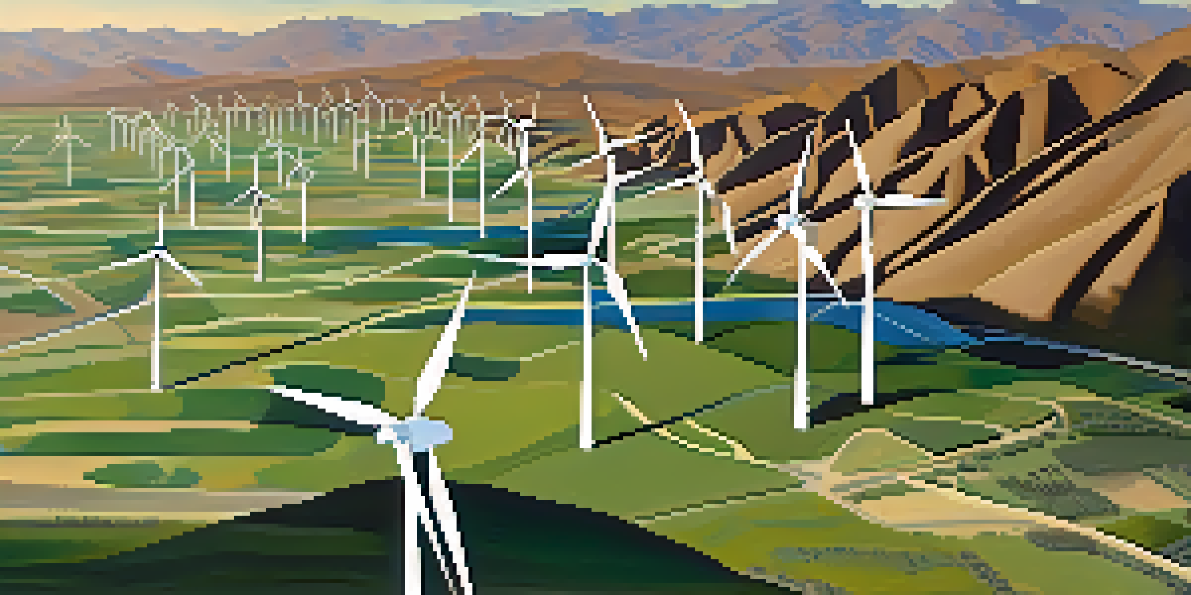 Aerial view of a wind farm with white turbines in the desert, under a clear blue sky.
