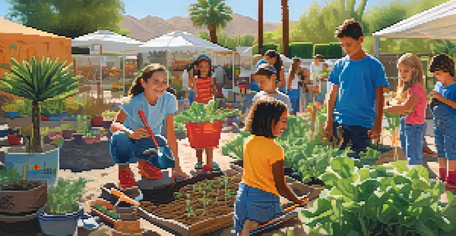 Children planting seeds in a community garden, learning about gardening with bright tools and educational posters in the background.