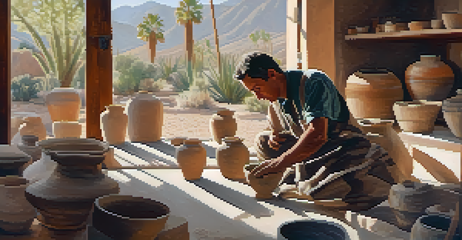 An artisan in Palm Springs working on pottery in a sunlit workshop, surrounded by tools and finished artworks.