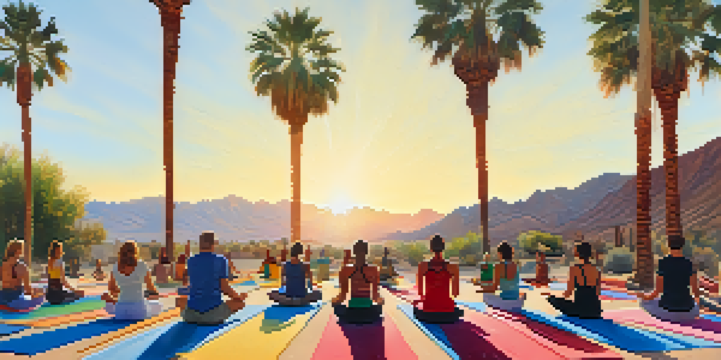 A peaceful yoga class taking place outdoors in the desert, illuminated by the golden morning sun, with participants of various backgrounds on colorful mats.