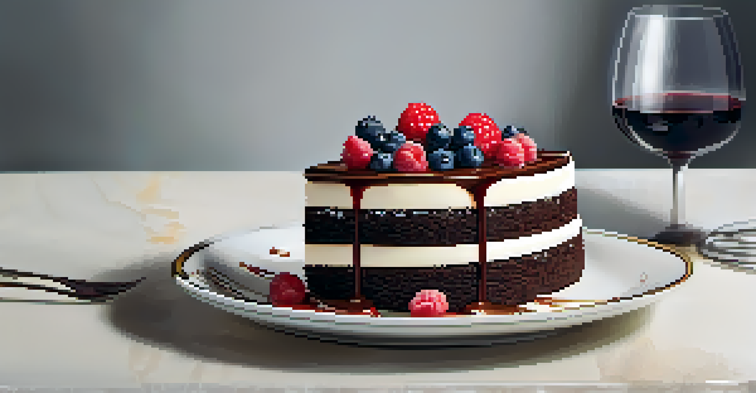 A close-up of a slice of chocolate cake topped with berries and raspberry sauce, beautifully presented on a decorative plate.