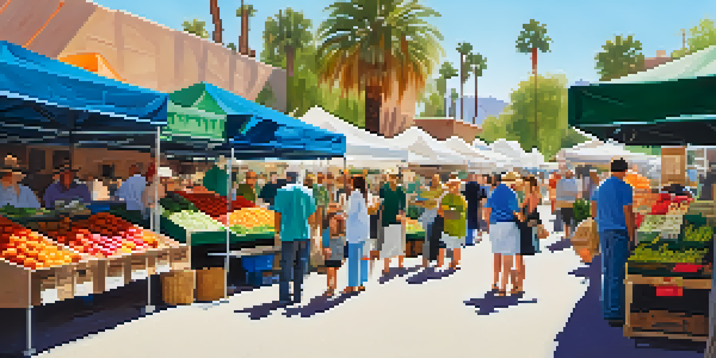 An outdoor farmers' market with colorful stalls of fresh produce and smiling vendors in Palm Springs.