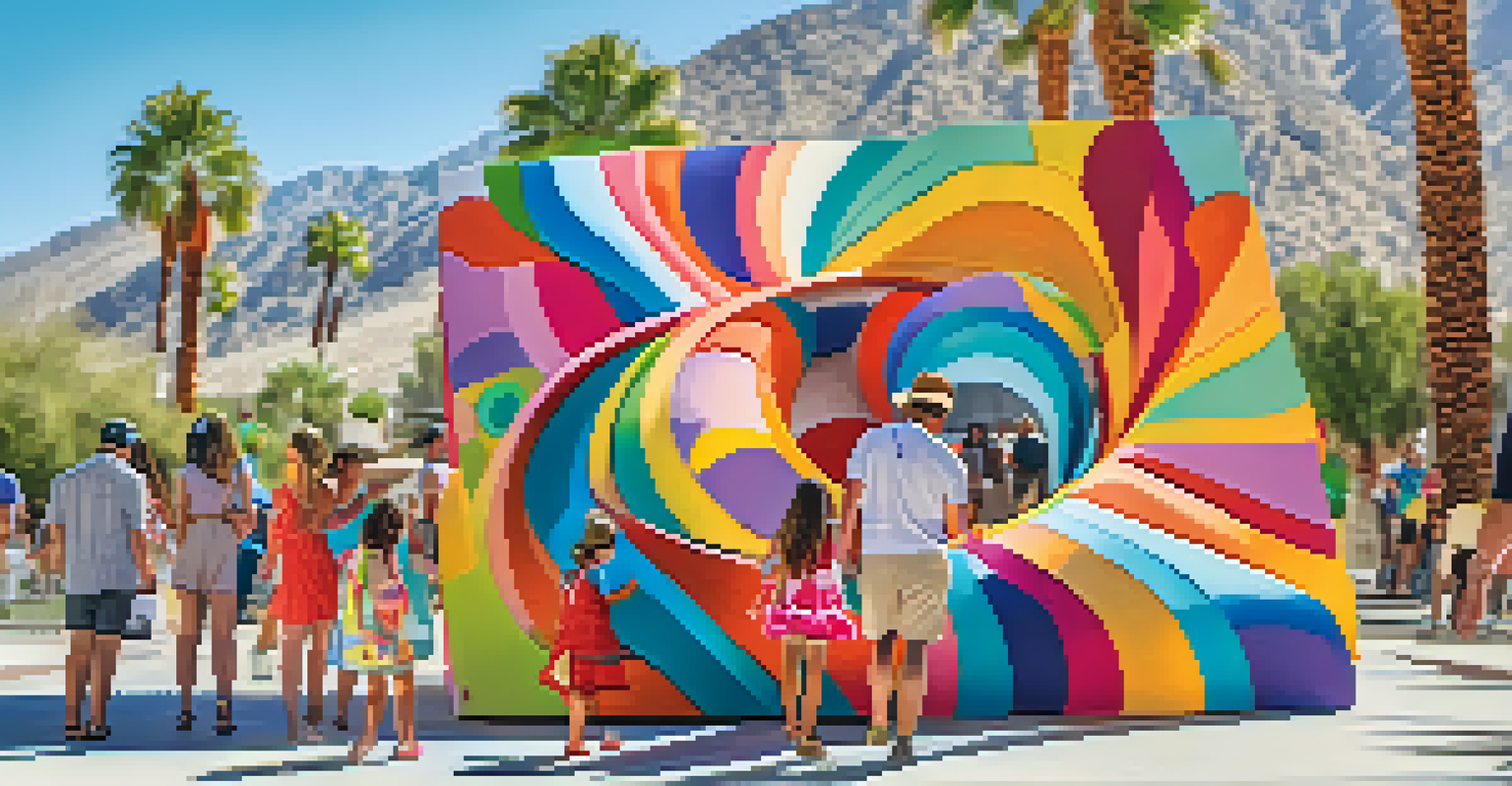 Families interacting with a large, colorful art installation, showcasing joy and creativity at an outdoor art event.