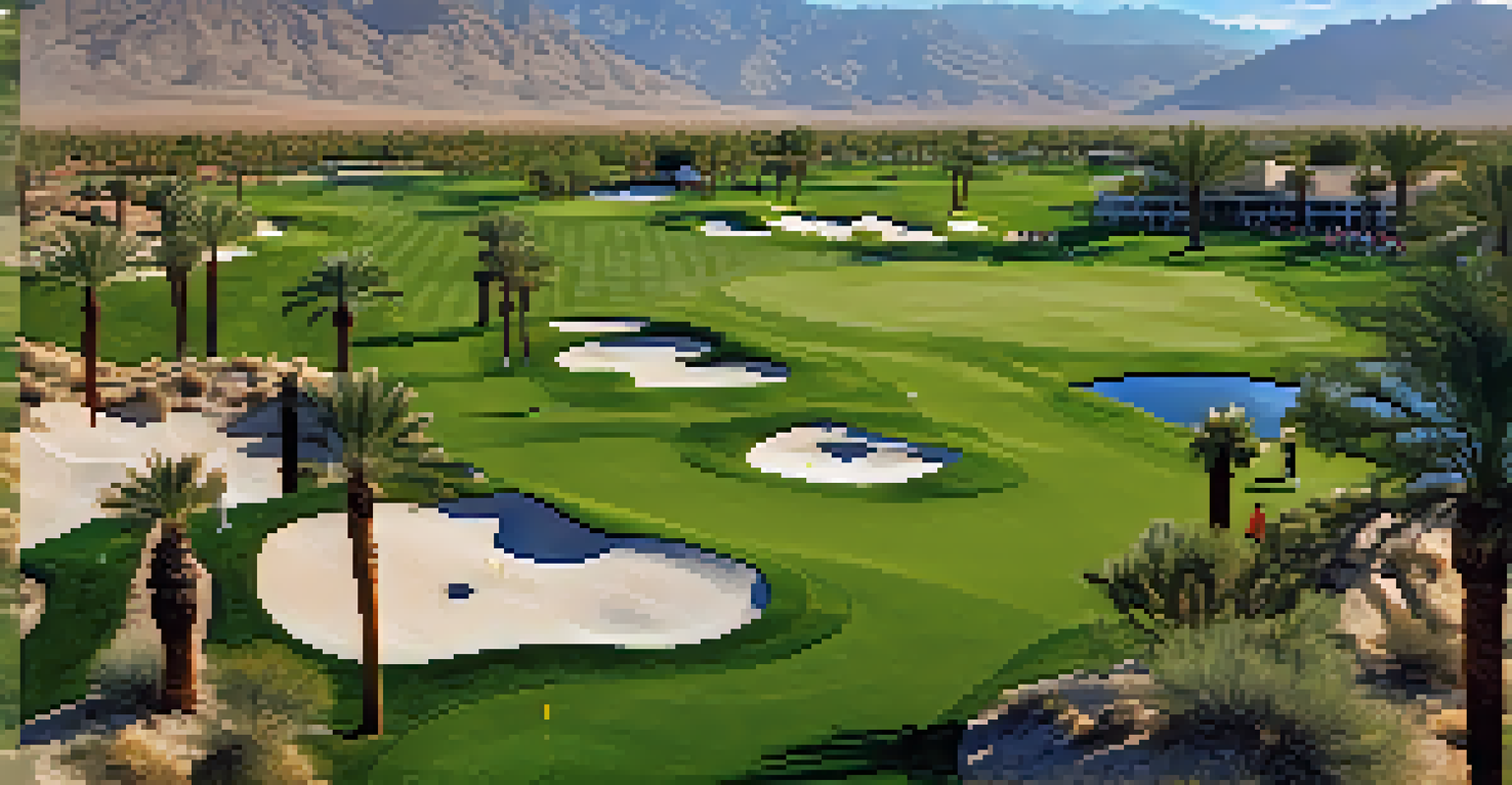 An aerial view of amateur golfers competing on a golf course in Coachella Valley, surrounded by desert scenery and palm trees.