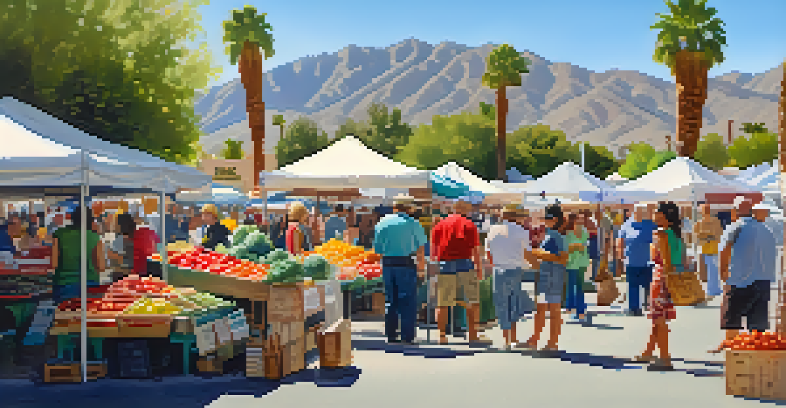 A bustling farmers market scene with colorful organic produce, handmade goods, and engaged vendors and customers.