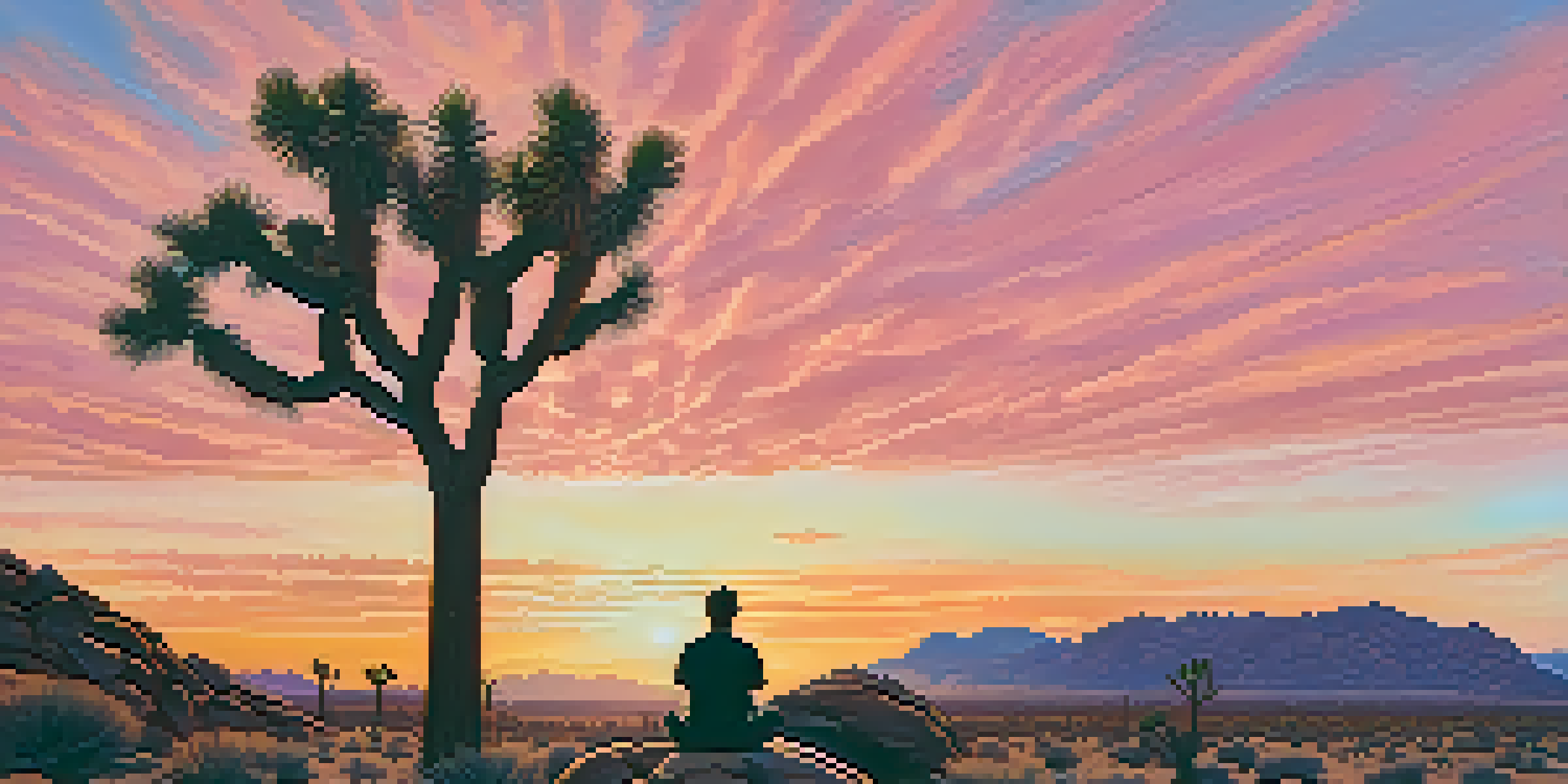 A person meditating on a rock at Joshua Tree National Park during sunset, with Joshua trees and rock formations in the background.