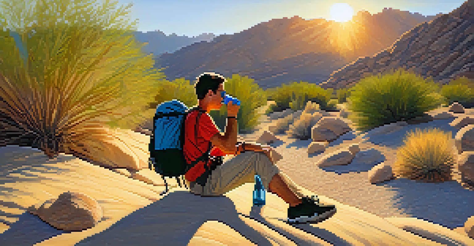 A hiker enjoying a sunset view while drinking from a hydration pack in the Palm Springs desert.