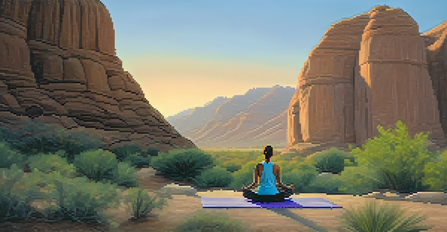 A solitary yogi practicing meditation on a mat in the Indian Canyons, surrounded by rock formations and lush vegetation at dusk.