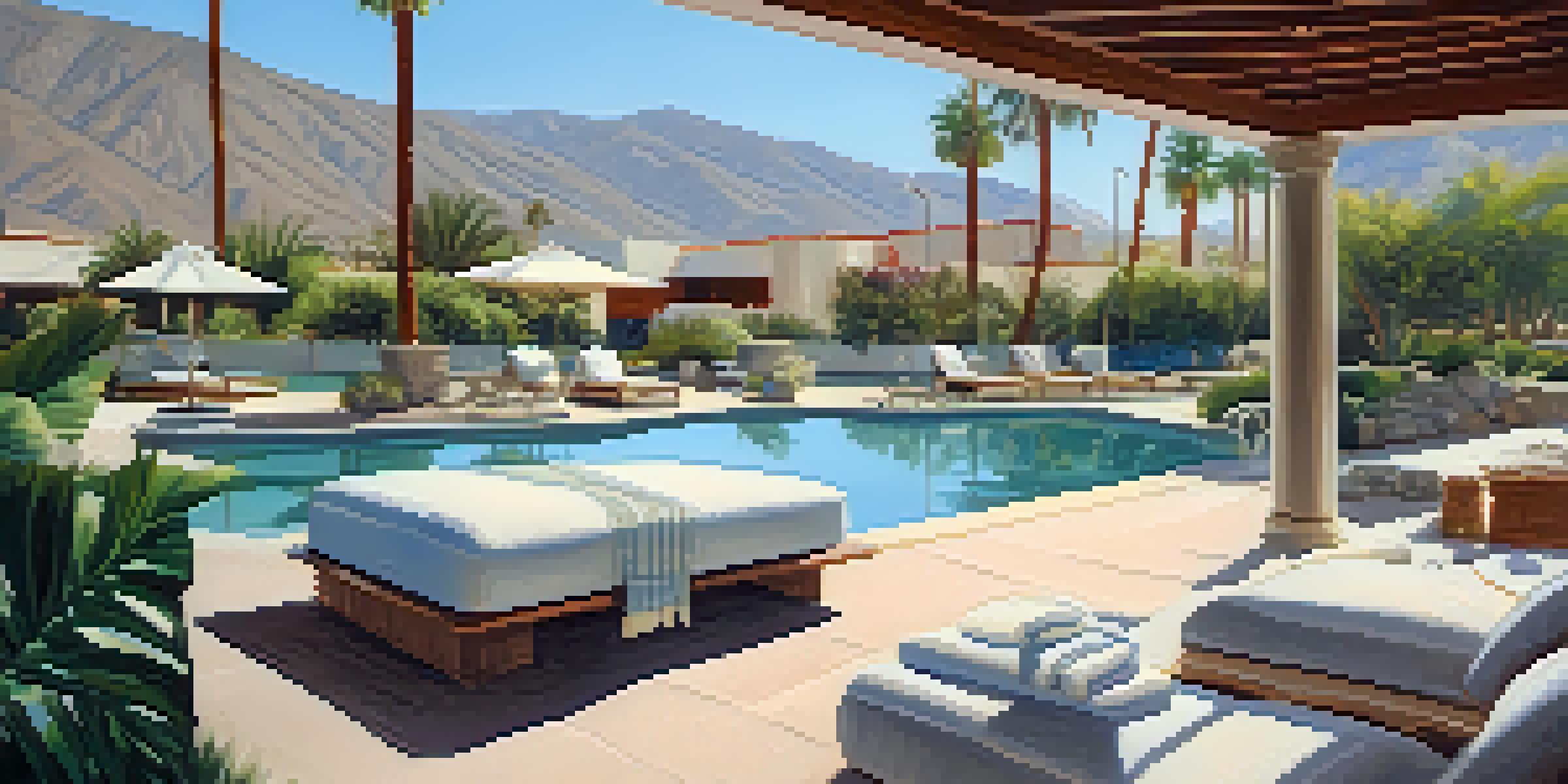 A peaceful outdoor spa with a hot spring and mountains in the background, featuring lounge chairs and palm trees.