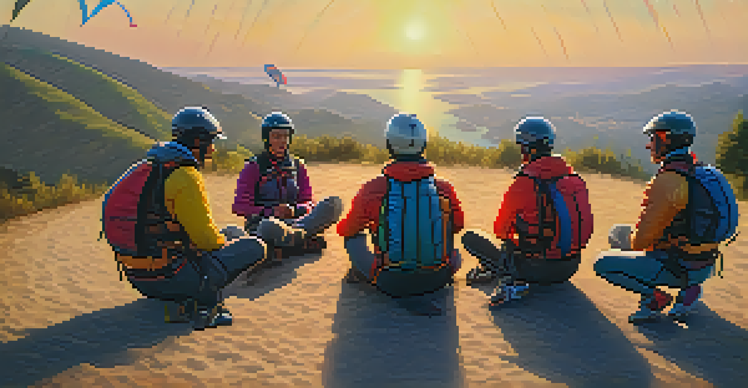A group of paragliders participating in a safety briefing outdoors during sunset, with an instructor demonstrating equipment.