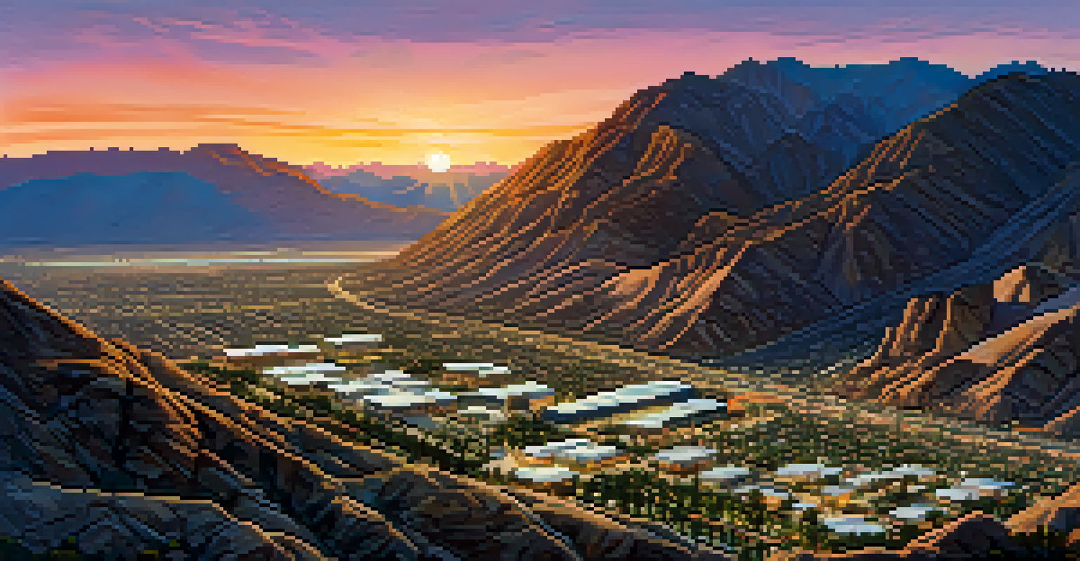 A panoramic view from the Palm Springs Aerial Tramway at sunset, overlooking the Coachella Valley with vibrant colors.