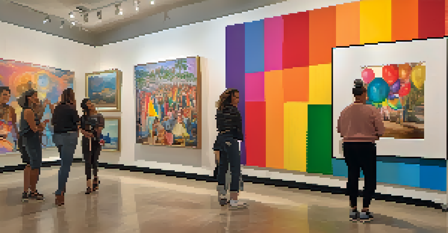 An art gallery showcasing vibrant LGBTQ+ themed artwork with diverse visitors admiring the pieces under soft lighting.