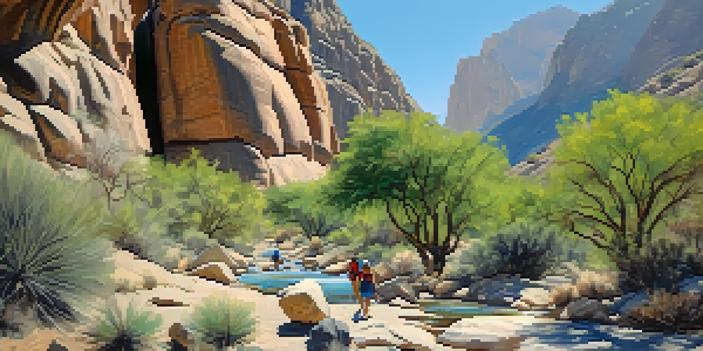 A beautiful view of Tahquitz Canyon Trail with waterfalls and rock art, showcasing hikers enjoying the landscape.