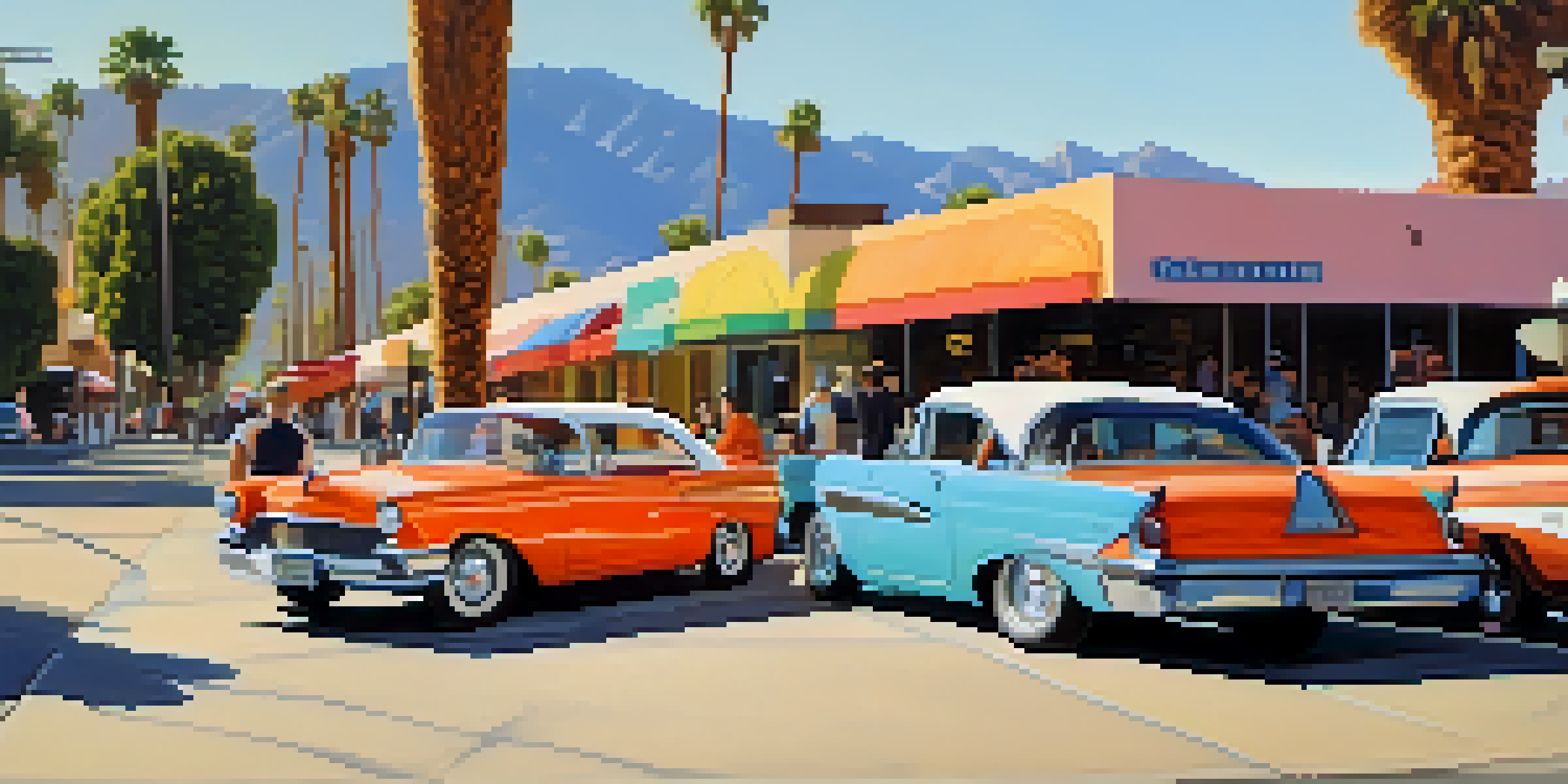 A vibrant street scene in downtown Palm Springs with murals and people interacting.