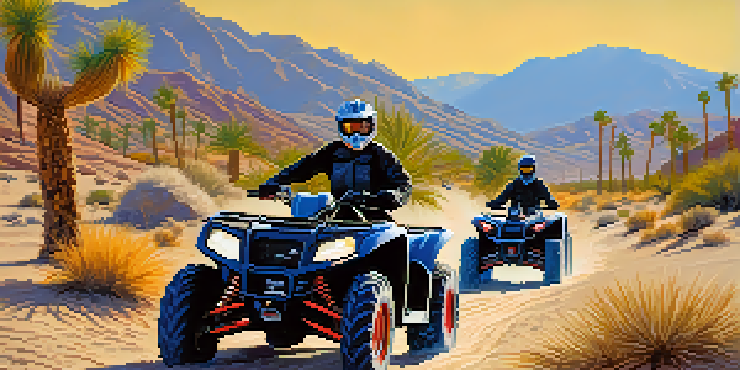A group of riders on ATVs exploring sandy trails in the Palm Springs desert, with rock formations and desert plants in the background under a bright blue sky.