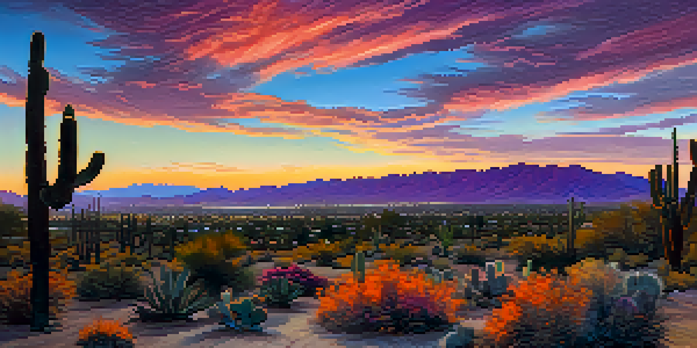 A scenic overlook in Palm Springs at sunset, with a colorful sky and rugged desert landscape.