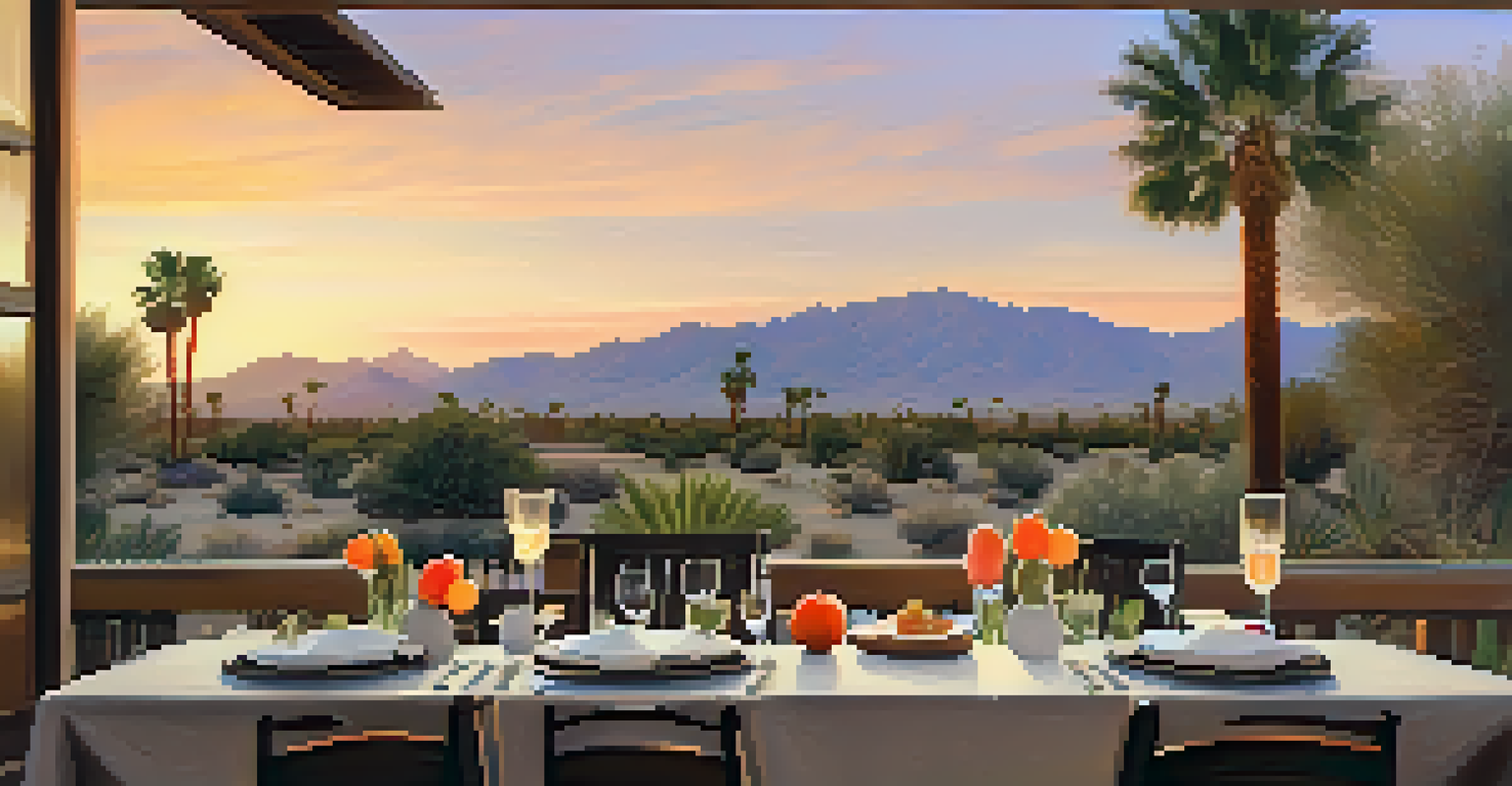 A charming farm-to-table dining arrangement at sunset in Palm Springs, featuring organic dishes and a beautiful desert backdrop.