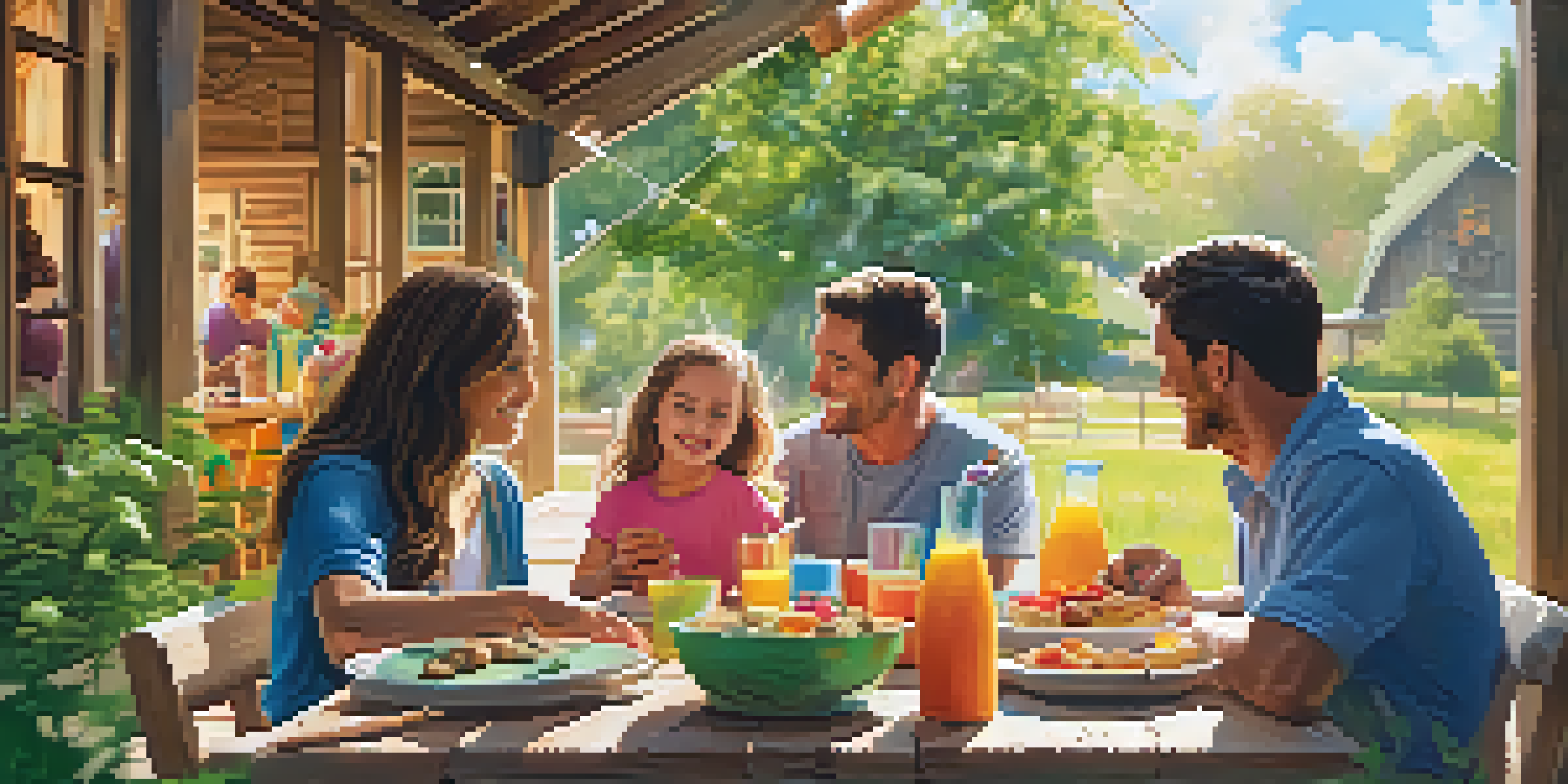 A family having brunch in a sunny outdoor setting with children playing nearby in a safe area.