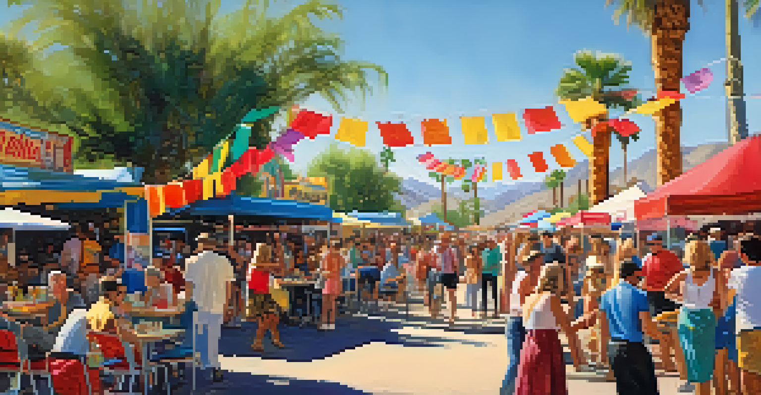A vibrant festival scene on Route 66 in Palm Springs, filled with people enjoying music and local art.
