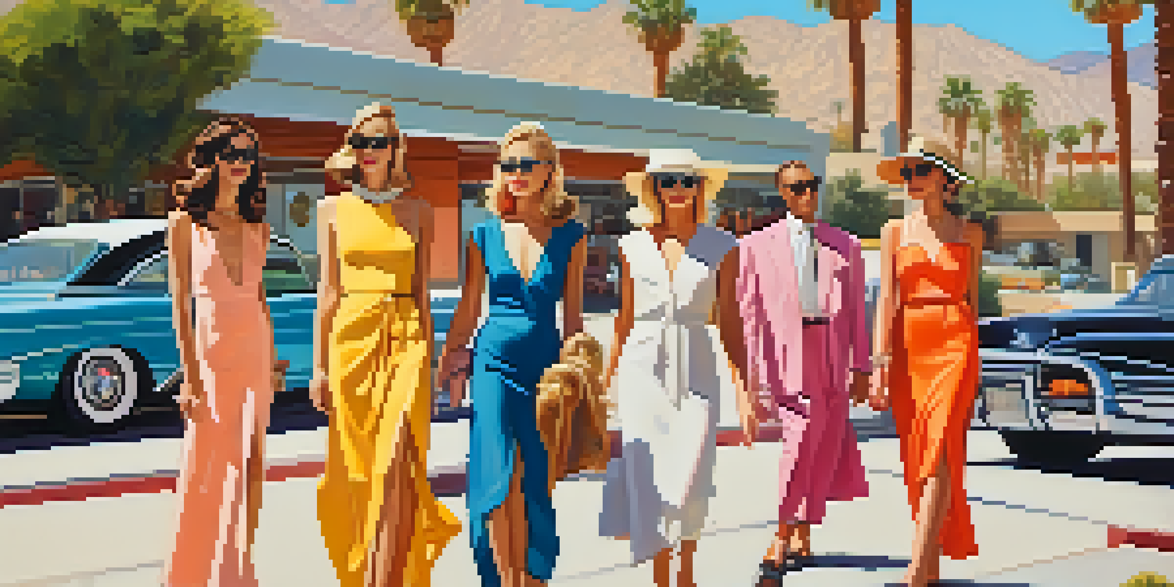 A colorful street scene in Palm Springs with people dressed in stylish outfits against a backdrop of mid-century modern buildings and palm trees.