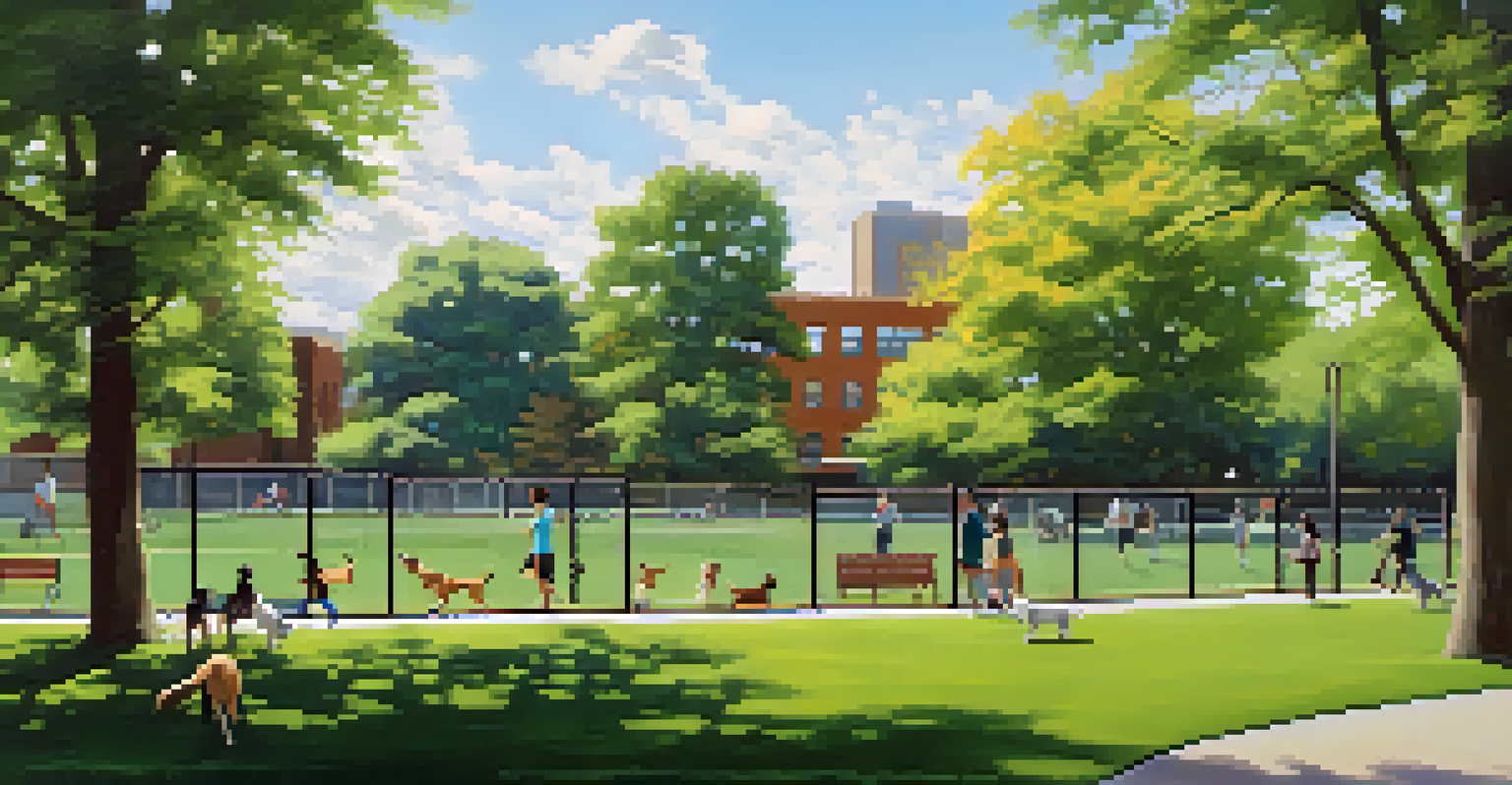 A fenced dog park with dogs playing on green grass and owners sitting on benches, enjoying the day.