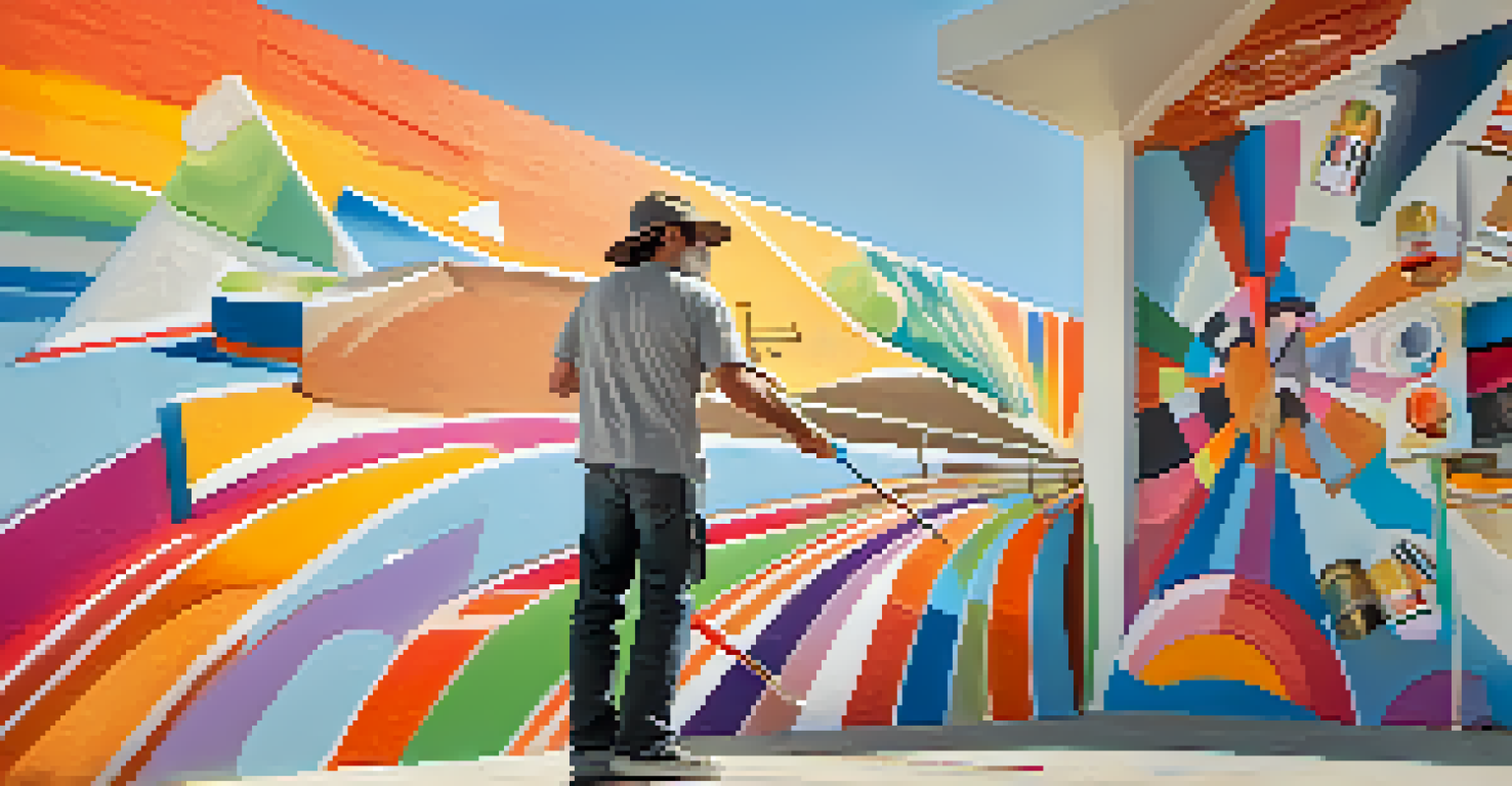 An artist painting a colorful mural in downtown Palm Springs, surrounded by paint cans and brushes.