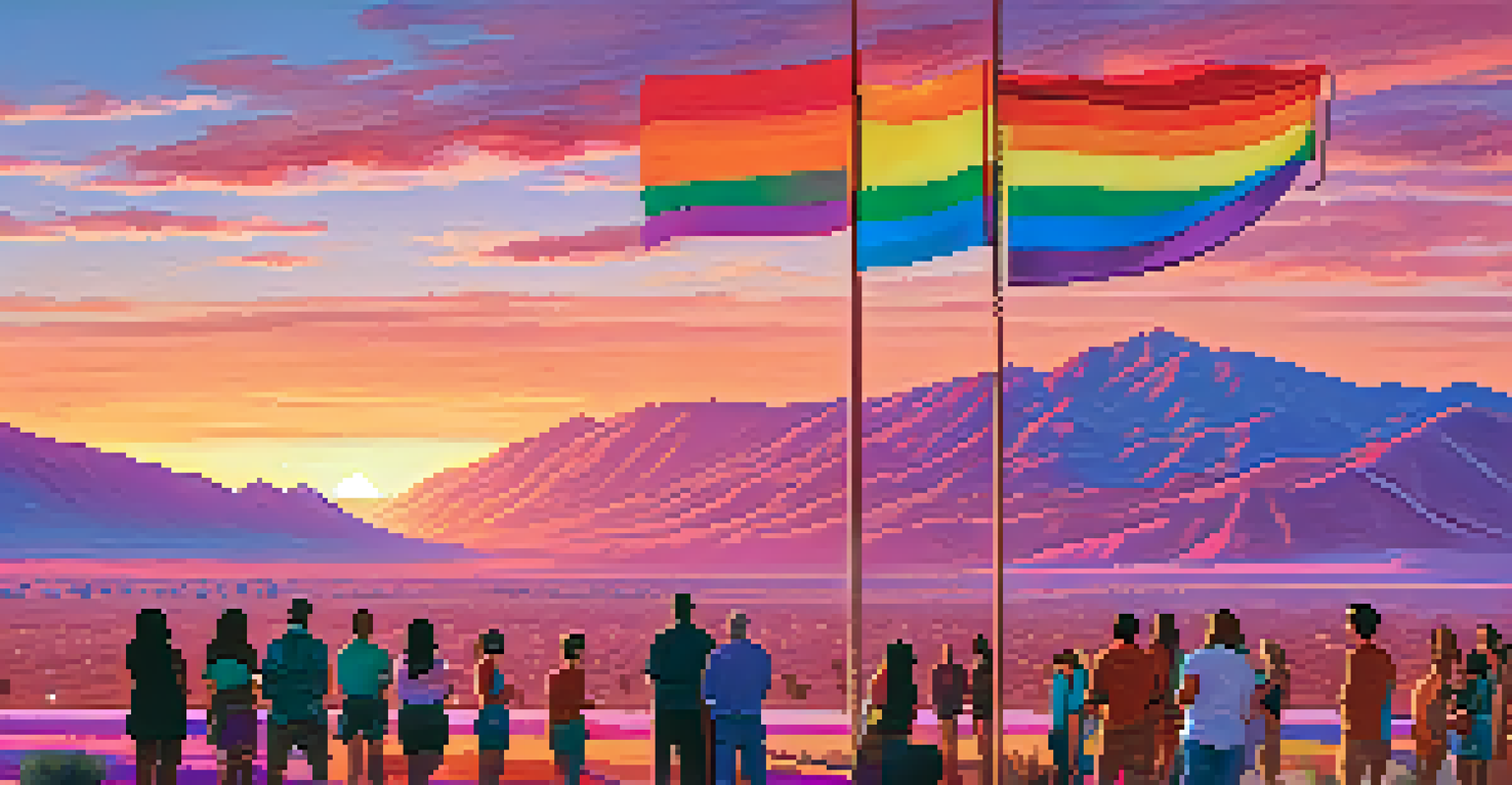 A sunset in Palm Springs with silhouettes of LGBTQ+ activists holding flags and posters against a colorful sky.
