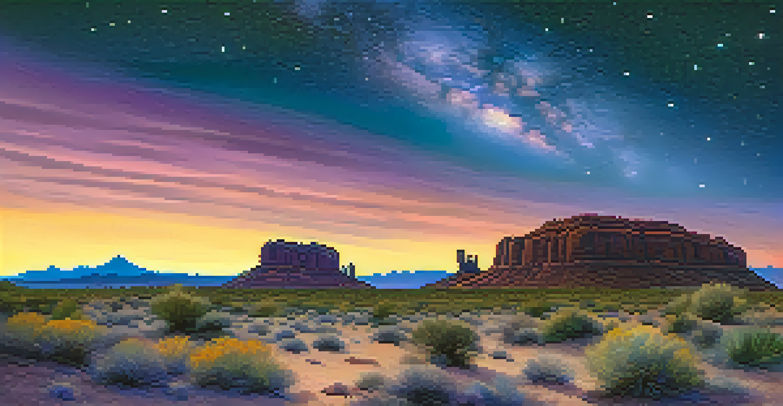 A twilight desert landscape with a gradient sky and stars appearing, showcasing desert plants and rocks.