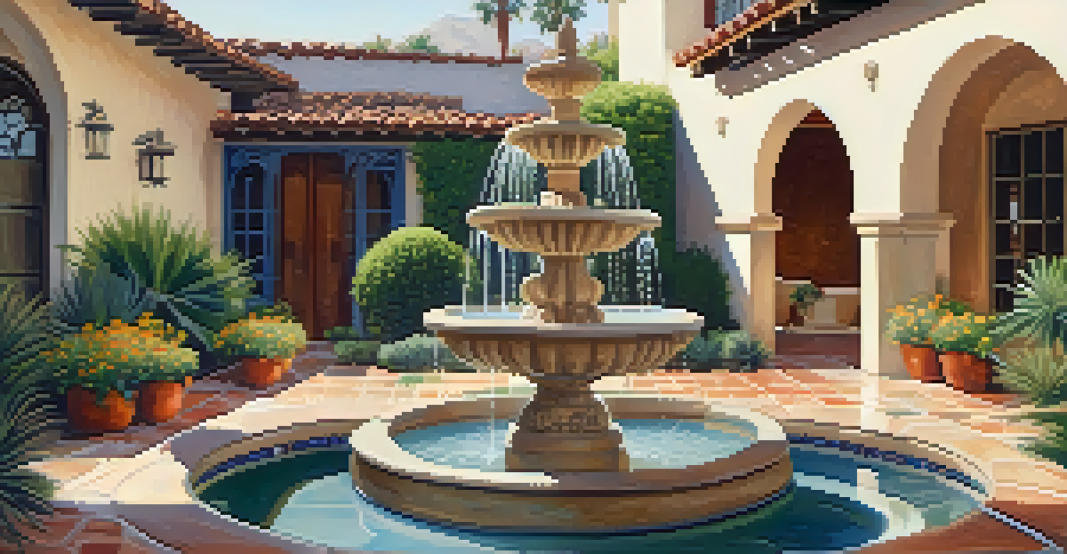 A peaceful courtyard featuring a fountain and colorful flowers, surrounded by Spanish Revival architecture in Palm Springs, with sunlight casting soft shadows.