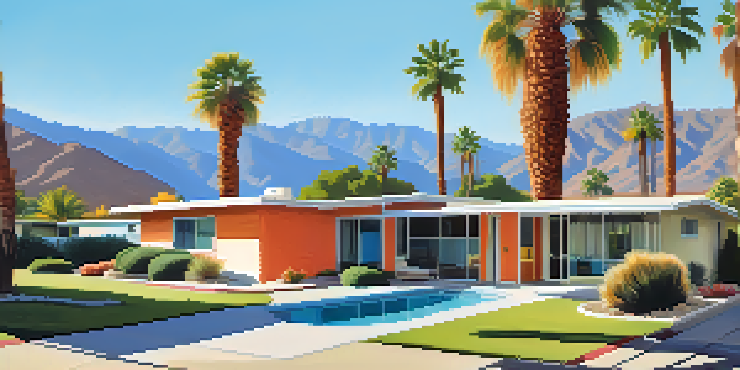 A sunny view of the Mid-Century Modern District in Palm Springs, featuring modernist homes and palm trees.