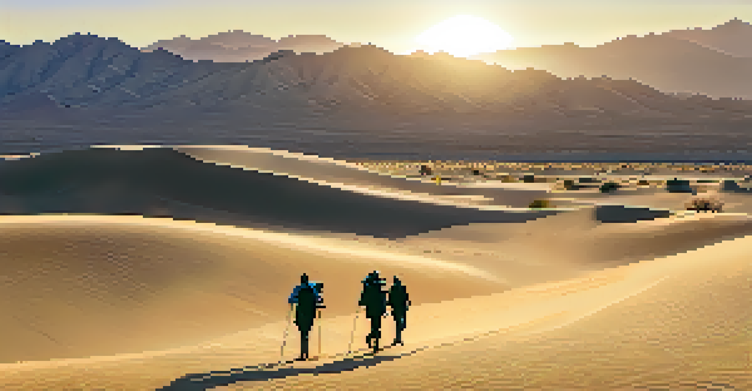 Towering sand dunes in the Mojave Desert, with hikers silhouetted against the soft sand in the warm afternoon light.