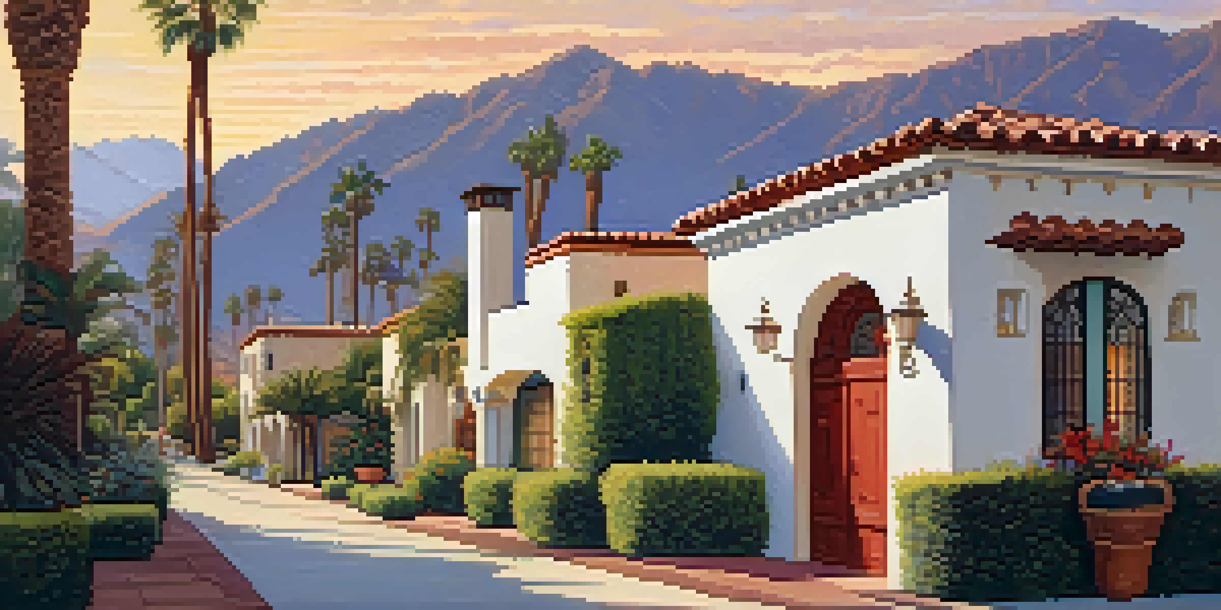 A beautiful neighborhood in Palm Springs with Spanish Revival architecture, including stucco walls, tile roofs, and vibrant gardens, illuminated by sunset light.