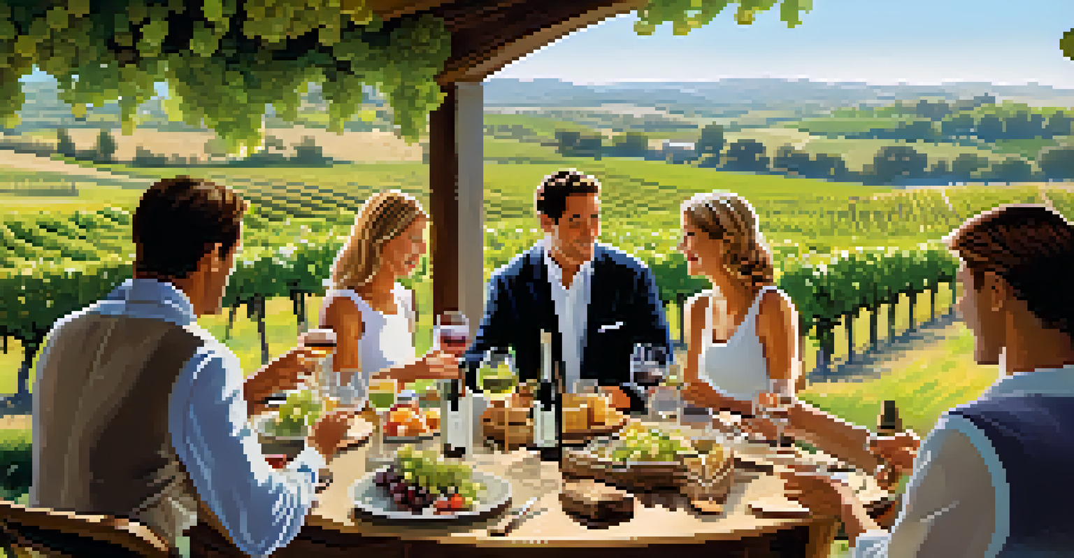 A wine tasting event with a rustic table filled with wine glasses, a vineyard in the background, and a sommelier interacting with guests.