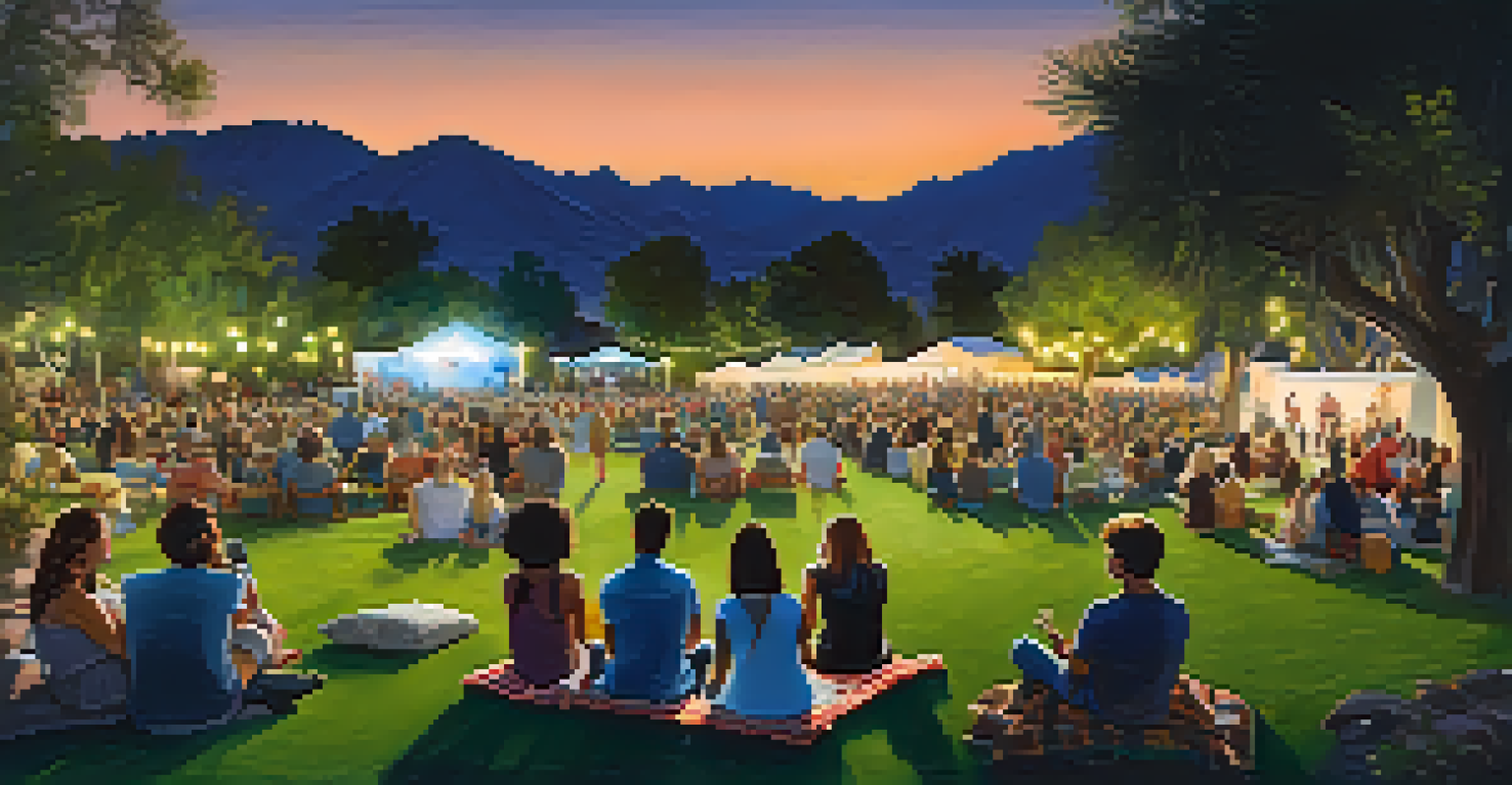 A community concert in a park with people enjoying music, food, and a starry night sky.