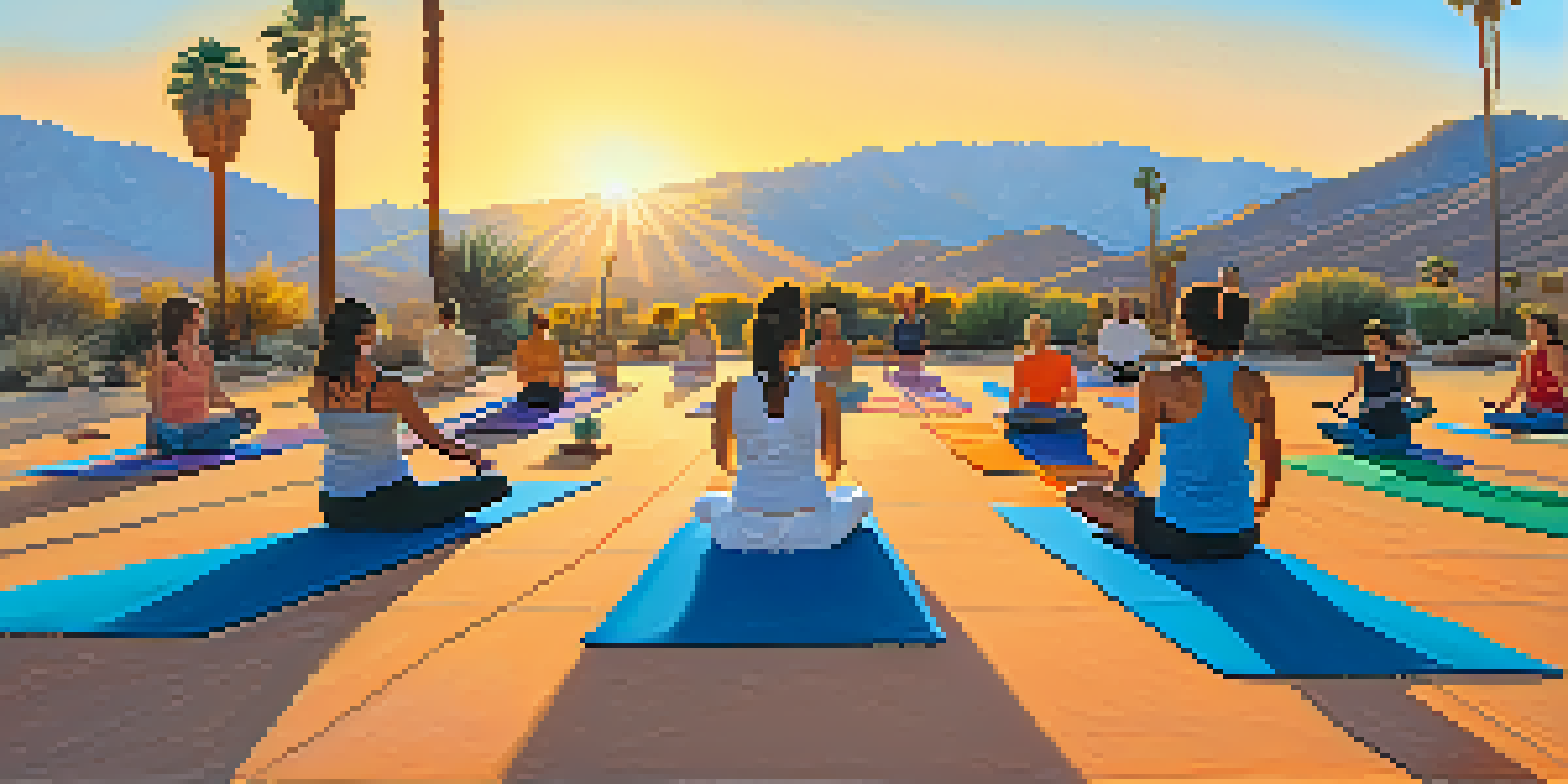 Participants practicing yoga outdoors during sunset, surrounded by desert plants and a colorful sky.