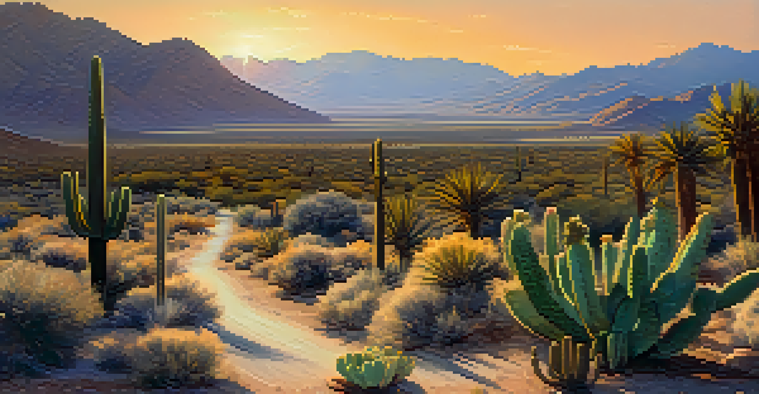 A wide landscape of the San Jacinto Mountains during golden hour, with a winding road and blooming cacti.