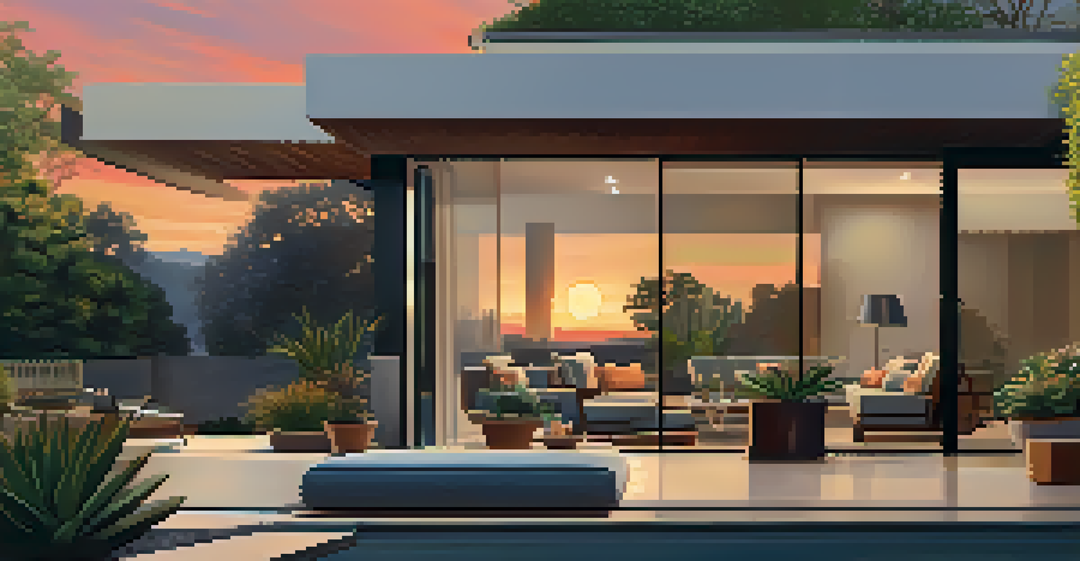 An outdoor living space of a mid-century modern house with stylish furniture, fire pit, and succulents during sunset.