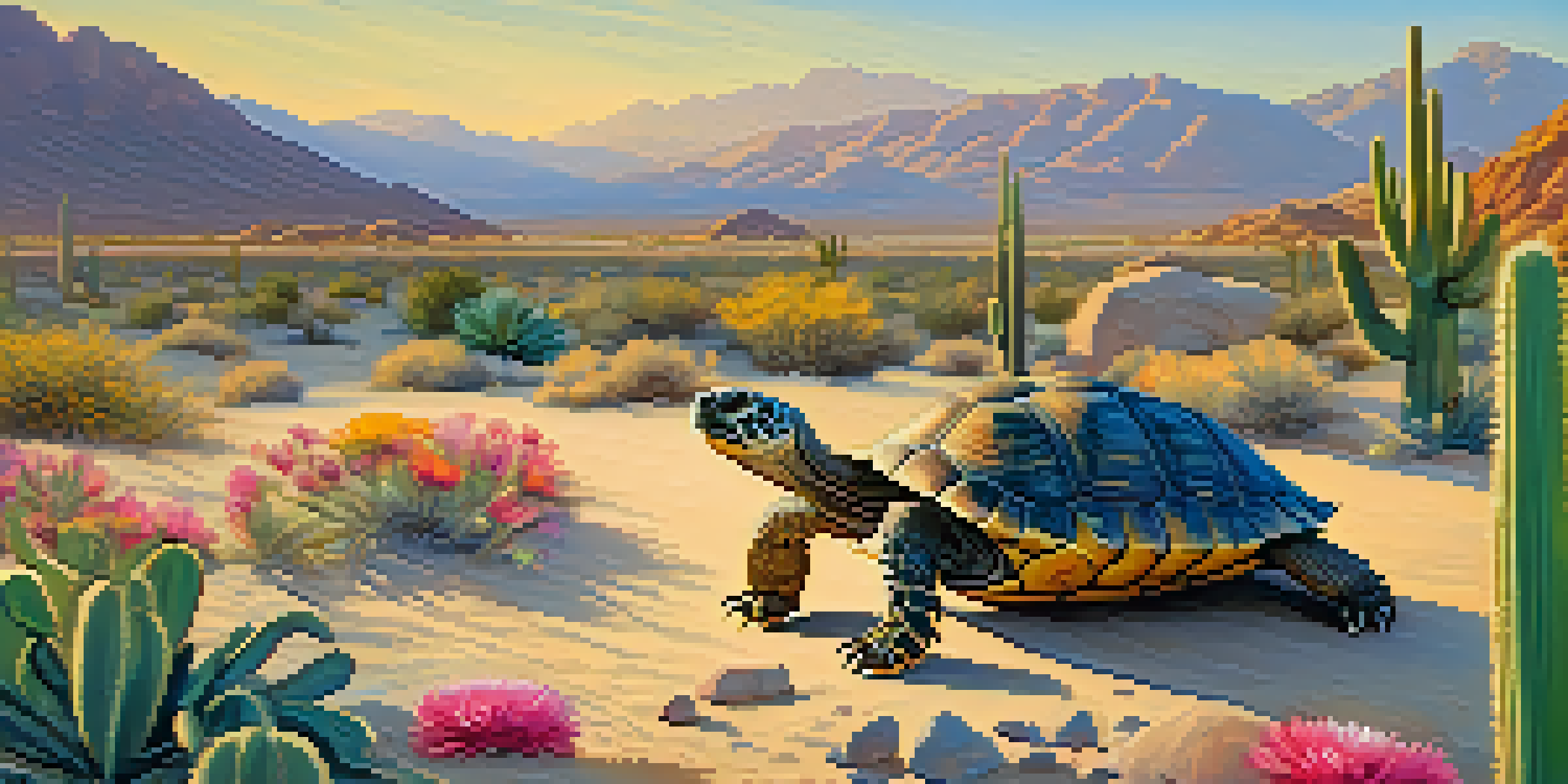 A desert tortoise moving through a sandy landscape filled with cacti and wildflowers, illuminated by a warm sunset.