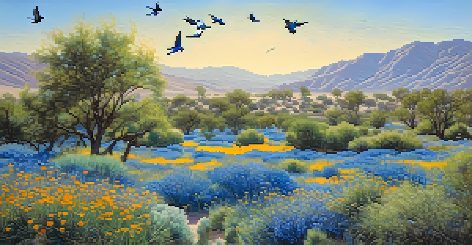 A colorful spring scene at Coachella Valley Preserve with blooming wildflowers and vibrant songbirds in a clear blue sky.