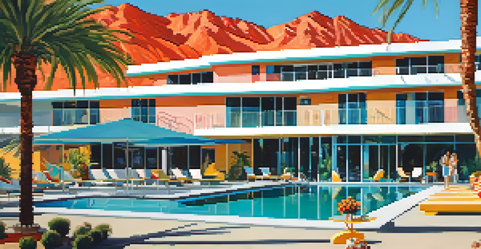A colorful view of The Riviera Palm Springs showcasing mid-century modern architecture, guests enjoying the pool, and lush palm trees.
