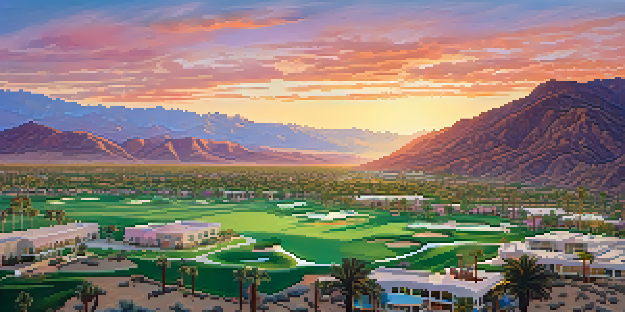 Aerial view of Palm Springs at sunrise with colorful sky and desert landscape.