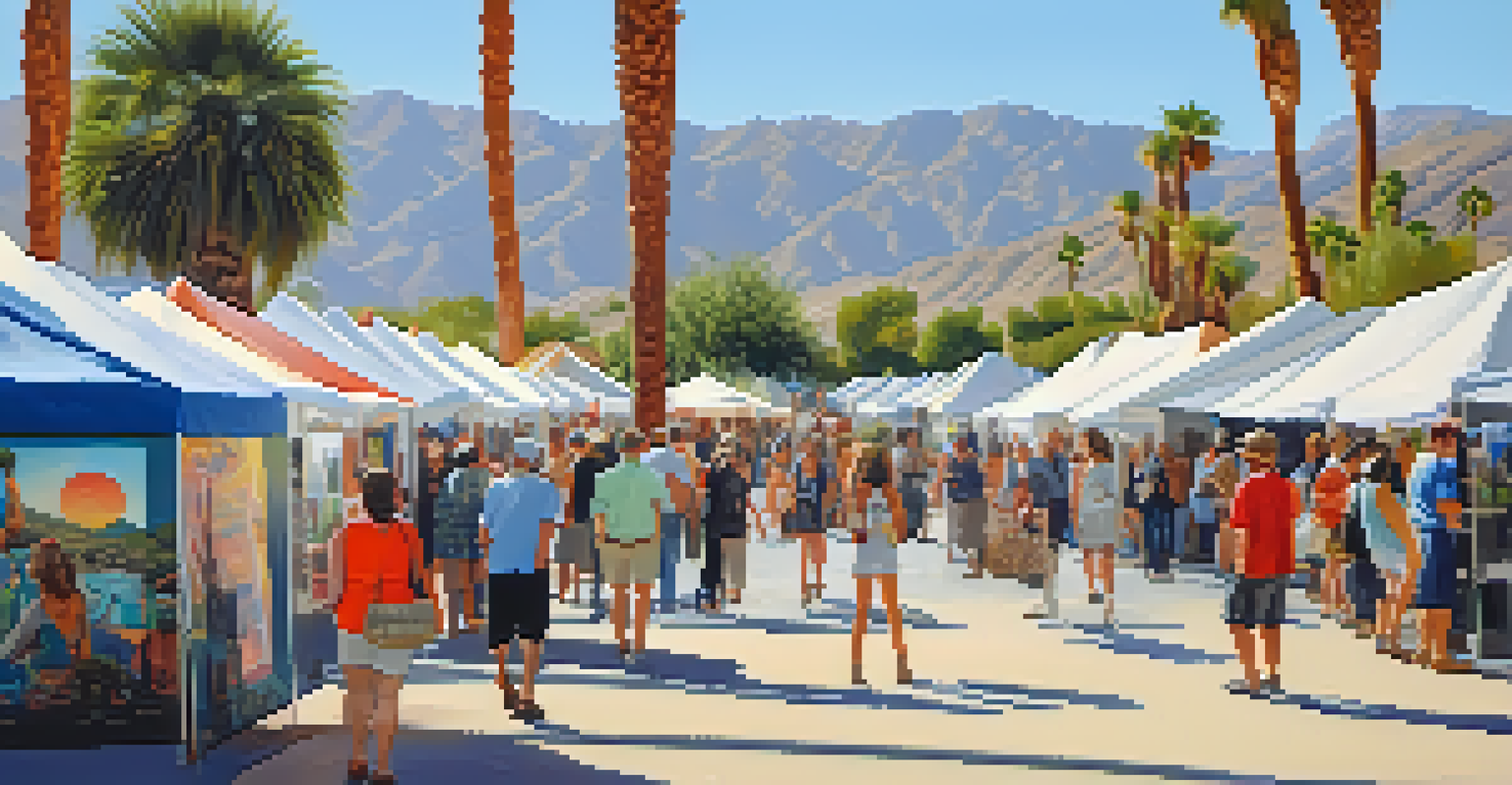 An outdoor art fair in Palm Springs featuring local artists and their colorful creations, with visitors engaging and enjoying the event.