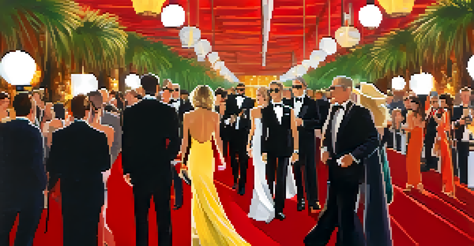 Attendees walking the red carpet at the Palm Springs International Film Festival awards gala, dressed in elegant attire with cameras flashing.