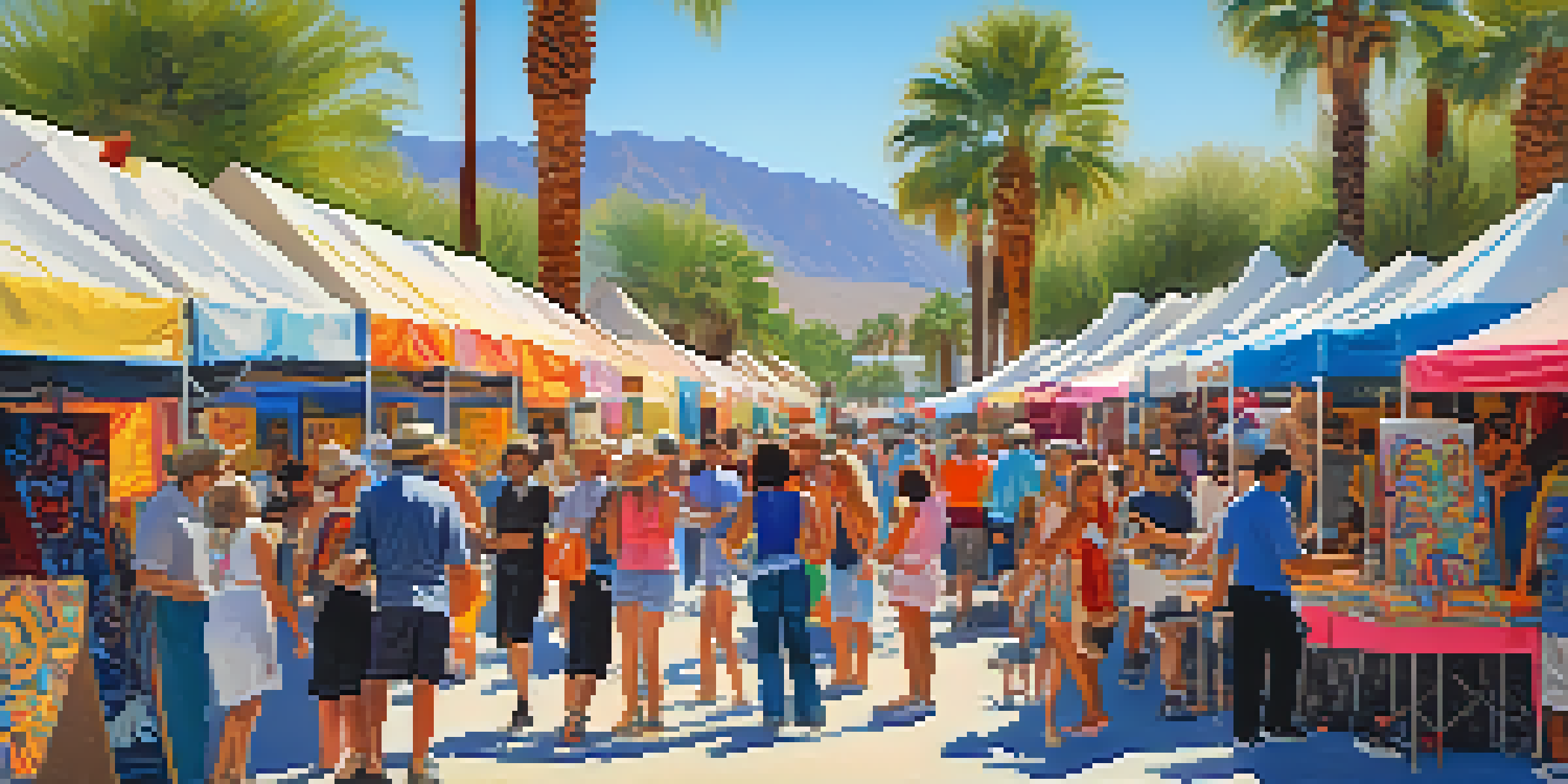An outdoor art festival in Palm Springs with colorful stalls, diverse people, and palm trees against a blue sky.